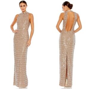 MAC DUGGAL Sequined High Neck Sleeveless Column Gown In Taupe Size 8 NWT